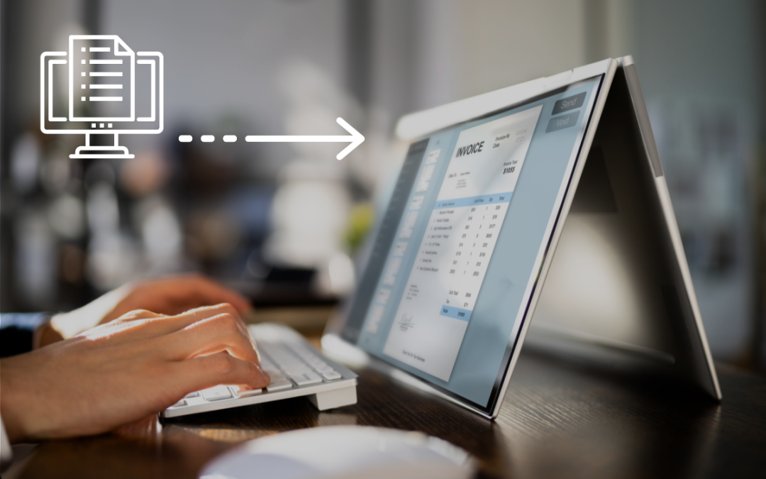 Image of a user opening an electronic invoice that was sent on their desktop tablet that functions as a computer